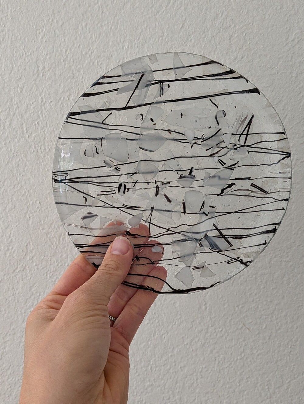 Fused Art Glass Plate Trinket Dish 80's Style Abstract Black & White